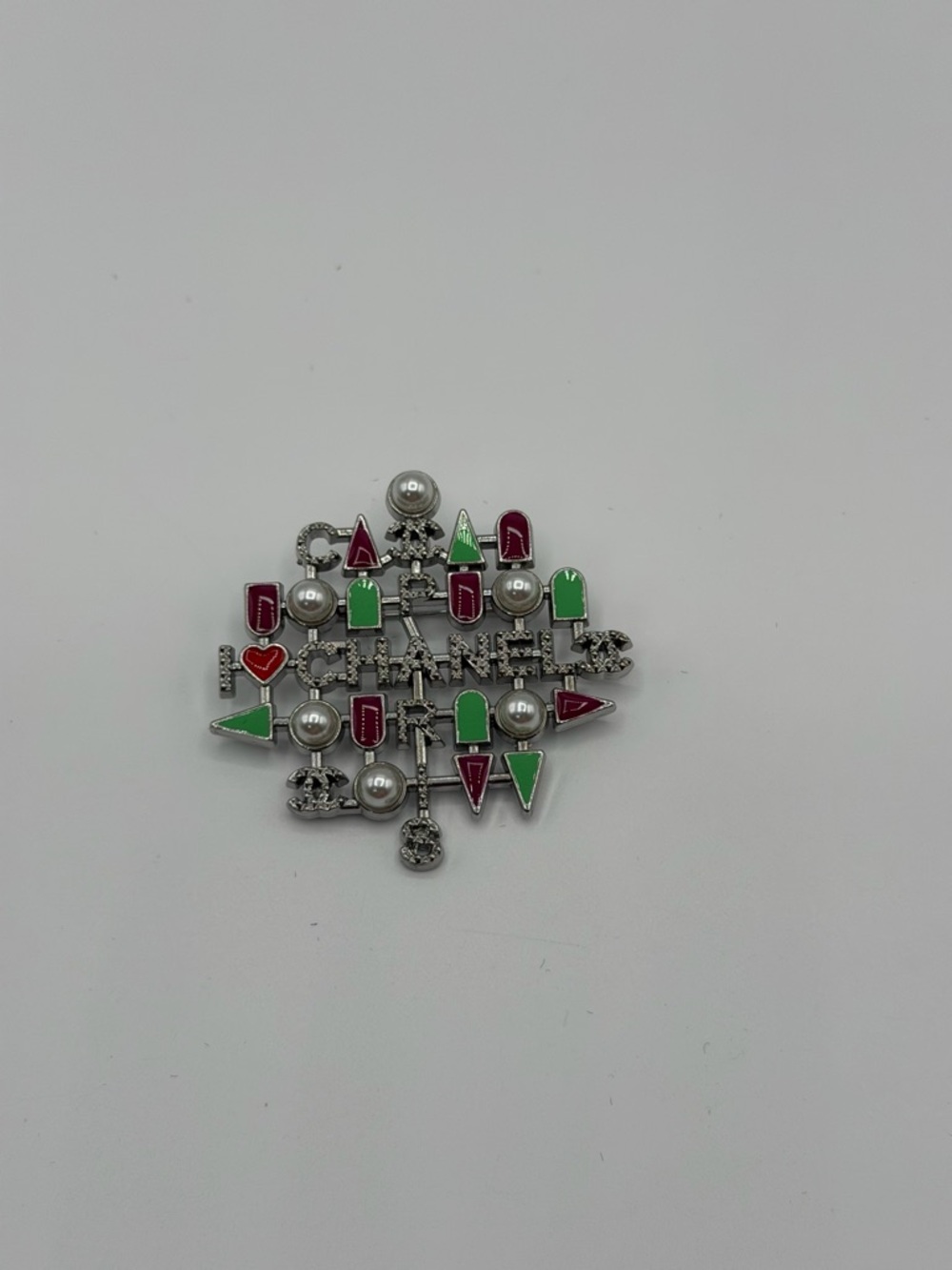 Enamel and Pearl Grid Brooch in Red & Green